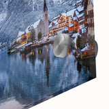 Close-up of a vibrant acrylic wall art piece showcasing a picturesque village landscape, featuring lush greenery and intricate architectural details, ideal for home decor.