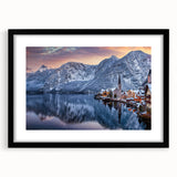 Framed black wall art featuring a serene landscape village design, showcasing intricate details and vibrant colors, ideal for home decoration or art collection.