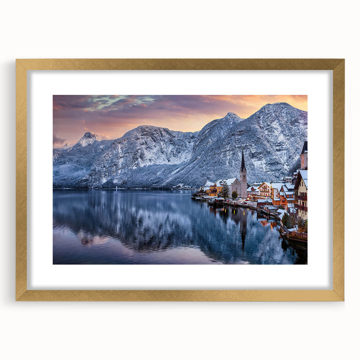 Framed gold wall art featuring a serene village landscape design with a mat, perfect for home decor. Ideal for enhancing living spaces with elegance.