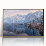 Framed acrylic wall art showcasing a charming village landscape design in gold tones, ideal for enhancing modern home decor with its elegant aesthetic.