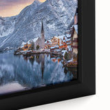 Framed canvas wall art showcasing a vibrant landscape of a tranquil village, featuring lush greenery and a serene sunset, perfect for home decor.