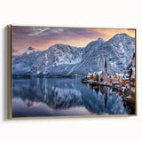 Framed canvas wall art showcasing a vibrant village landscape design in rich colors, accented with a gold frame, ideal for enhancing home decor.