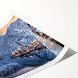 Rolled print artwork depicting a serene village landscape with vibrant colors, suitable for home decor, showcasing intricate details and a peaceful atmosphere.