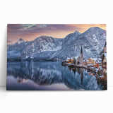 Stretched canvas wall art showcasing a vibrant landscape village design, with colorful houses and lush greenery, perfect for home decor accentuating a cozy atmosphere.