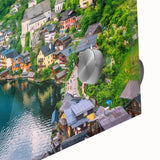 Vibrant close-up of a landscape wall art piece showcasing a picturesque village scene, designed with acrylic glass for a modern aesthetic, ideal for home decor.