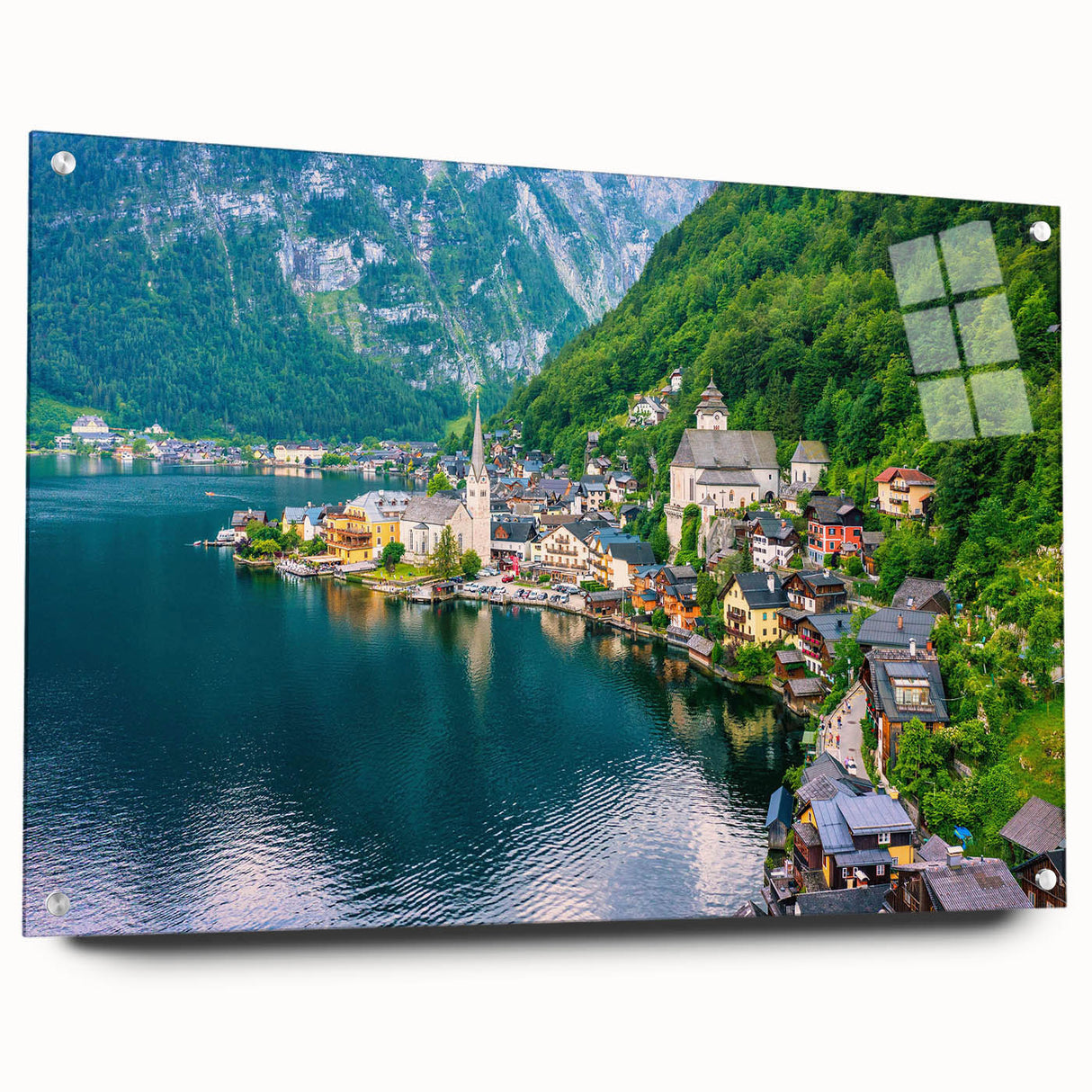 Acrylic glass artwork showcasing a vibrant landscape village design, displayed from a side view with modern pins for hanging. Ideal for home decor enthusiasts.
