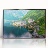 Framed acrylic wall art showcasing a serene village landscape with vibrant colors and intricate details, perfect for enhancing home decor aesthetics.