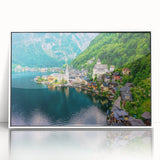 Framed acrylic wall art featuring a serene landscape design of a village, showcasing vibrant colors and intricate details, ideal for modern home decor.