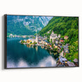 Framed canvas wall art depicting a serene landscape village scene with vibrant colors, showcasing a picturesque view, ideal for home decor and art enthusiasts.