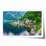 Vibrant rolled print showcasing a picturesque village landscape design, featuring lush greenery and serene skies, perfect for home decor and art enthusiasts.