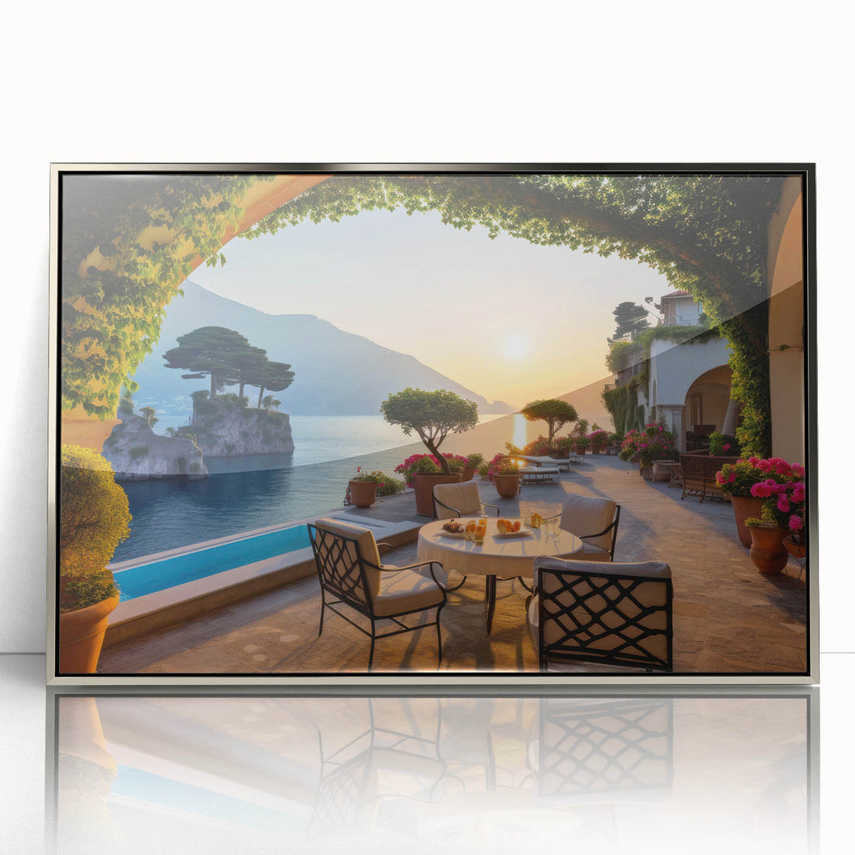 Framed acrylic artwork showcasing a picturesque landscape village design with silver accents, perfect for modern home decor or office spaces. This vibrant wall art brings a touch of elegance and tranquility to any interior setting.