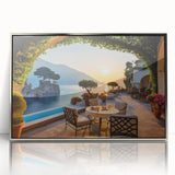Framed acrylic artwork showcasing a picturesque landscape village design with silver accents, perfect for modern home decor or office spaces. This vibrant wall art brings a touch of elegance and tranquility to any interior setting.
