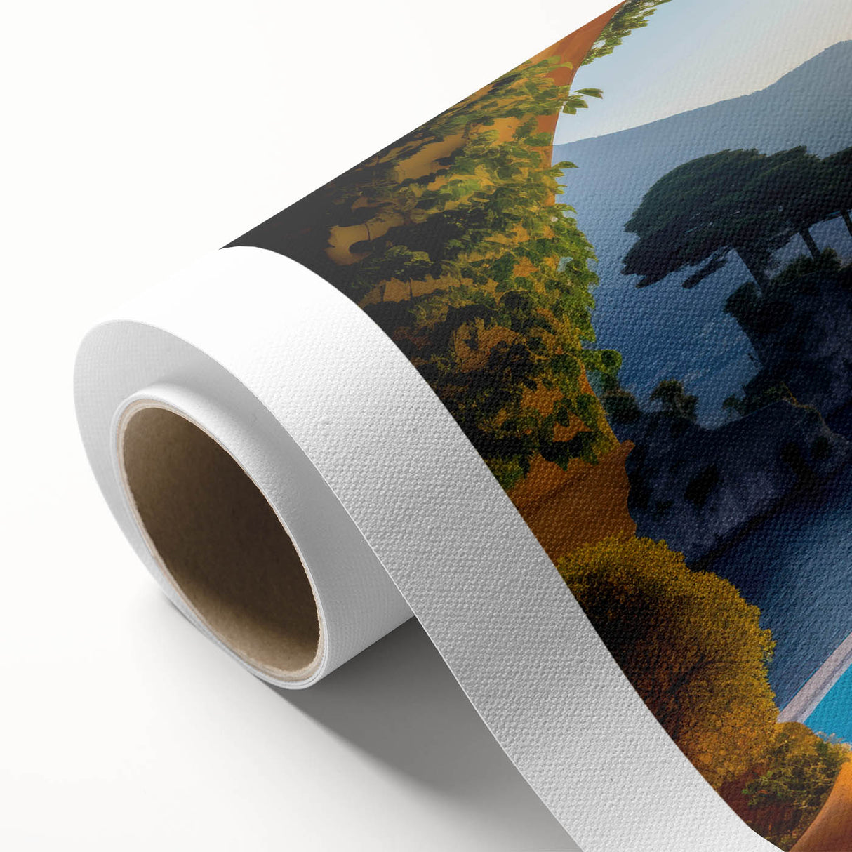 Rolled canvas artwork showcasing a vibrant landscape village design, featuring rich colors and intricate details, perfect for home decor and art enthusiasts.