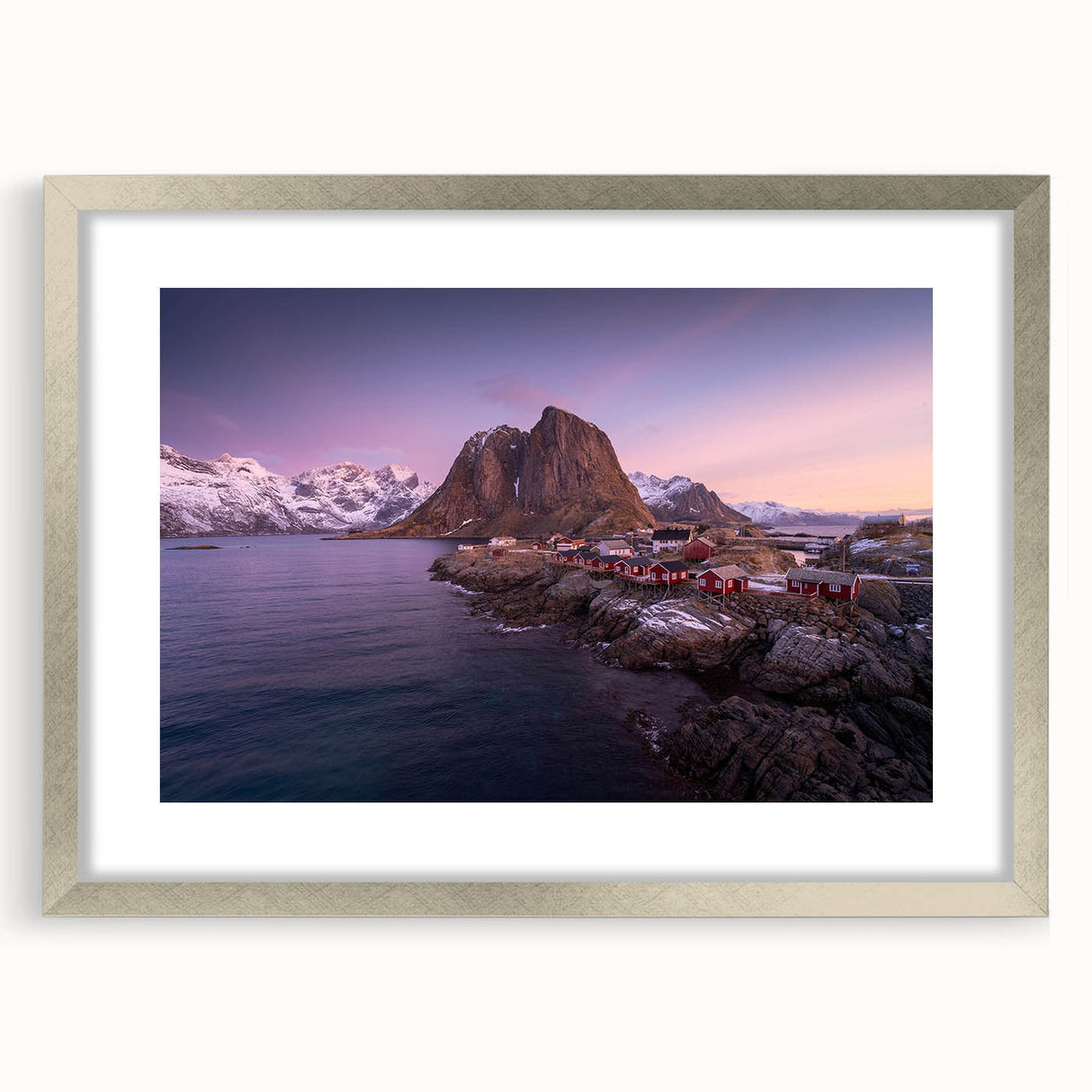 Framed landscape wall art collection featuring serene village scenes, presented in a stylish silver frame with a mat, ideal for home decor enhancement.