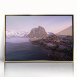 Framed wall art design showcasing a picturesque village landscape, featuring vibrant colors and intricate details, set in a gold-accented frame, ideal for home decor.