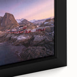 Framed canvas art showcasing a vibrant village landscape design, featuring lush greenery and colorful houses, perfect for home decor.