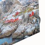 Close-up of a vibrant acrylic wall art piece showcasing a picturesque village landscape with lush greenery and colorful buildings, perfect for home decor.