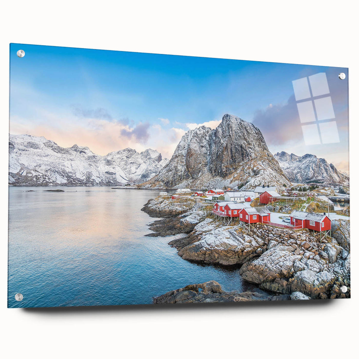 Acrylic glass wall art collection showcasing vibrant landscapes and village designs, displayed from a side view with decorative pins, perfect for home decor.
