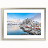 Framed wall art collection showcasing serene village landscapes, featuring a silver mat and frame, ideal for enhancing home decor with a touch of elegance.