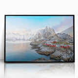 Framed acrylic wall art featuring a scenic landscape village design, showcasing vibrant colors and intricate details, presented in a sleek black frame for modern decor.