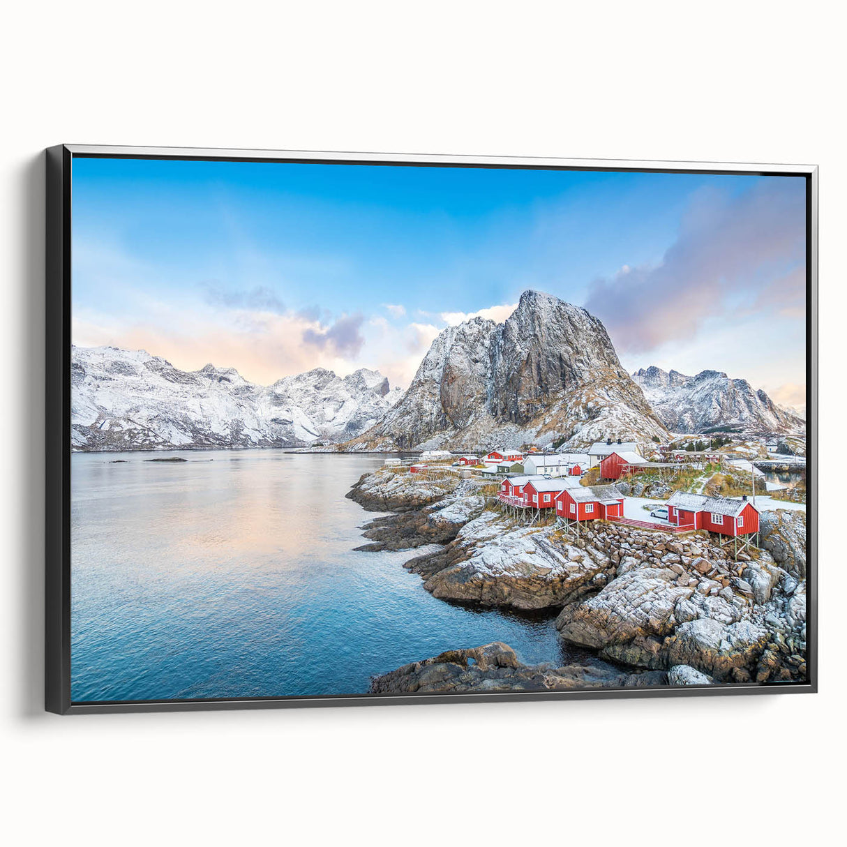 Framed canvas wall art collection showcasing serene village landscapes in muted tones, featuring a black frame, enhancing home decor aesthetics and tranquility.