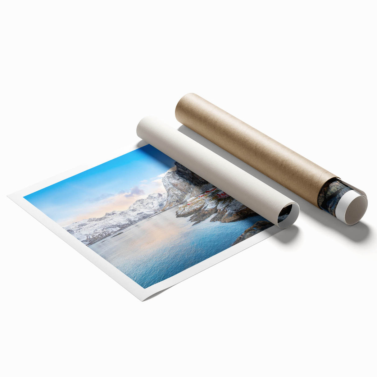 Rolled print of a vibrant landscape village design featuring lush greenery and colorful homes, ideal for home decor, shipped in protective packaging.