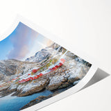 Rolled print of a serene village landscape wall art design, showcasing lush greenery and quaint houses, ideal for home decor, presented in a protective cardboard tube.