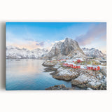 Stretched canvas artwork showcasing a vibrant village landscape design with lush greenery and colorful houses, ideal for home decor in contemporary settings.