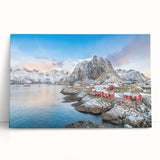 Stretched canvas wall art showcasing a serene village landscape design, featuring lush greenery and warm sunset hues, perfect for home decor enhancement.