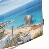 Close-up of a vibrant acrylic wall art piece showcasing a picturesque village landscape, featuring bold colors and intricate details, perfect for home decor.