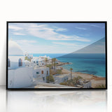 Framed acrylic wall art featuring a picturesque landscape of a quaint village, showcasing vibrant colors and intricate details, ideal for home decor.