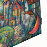 Close-up view of a vibrant acrylic glass wall art piece showcasing an abstract landscape village design, featuring rich colors and intricate details, perfect for home decor.
