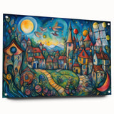Acrylic glass wall art collection showcasing a vibrant landscape village design, displayed in a side view with decorative pins, perfect for home decor.