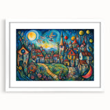 Framed wall art showcasing a vibrant landscape village design with a white mat, perfect for home decor. Ideal for enhancing living spaces with artistic charm.