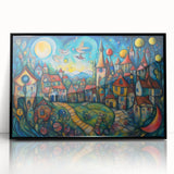 Framed acrylic wall art showcasing a picturesque landscape village design in a sleek black frame, ideal for modern home decor. Perfect for adding a touch of elegance to living spaces.