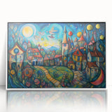 Framed wall art featuring a vibrant landscape of a quaint village, showcasing colorful houses and lush greenery, set in a sleek white frame for modern decor.