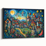 Framed wall art showcasing a serene village landscape design, featuring vibrant colors and intricate details, viewed from the side with a sleek black frame.