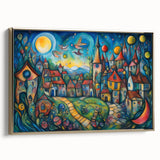 Framed canvas wall art showcasing a picturesque village landscape with vibrant colors and gold accents, ideal for enhancing home decor. The artwork features intricate details that capture the essence of serene village life, making it a perfect focal point for living spaces.