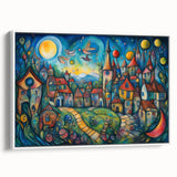 Framed canvas wall art showcasing a serene village landscape design with vibrant colors and intricate details, set against a white frame for a modern aesthetic.