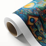 Rolled canvas artwork showcasing a vibrant village landscape design with lush greenery and colorful buildings, ideal for home decor and interior design enthusiasts.