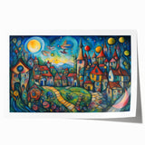 Rolled print showcasing a vibrant village landscape design, featuring lush greenery and quaint houses, perfect for home decor. Packaged securely in a cardboard tube for safe delivery.