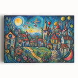 Stretched canvas wall art showcasing a scenic village landscape design with vibrant colors and intricate details, perfect for home décor enhancement.