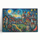 Stretched canvas wall art featuring a vibrant landscape of colorful villages, showcasing rich hues of green and blue with intricate detailing, ideal for home décor.