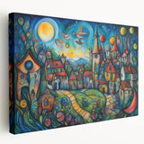 Stretched canvas wall art showcasing a vibrant landscape village design, featuring rich colors and intricate details, perfect for home decor enhancement.