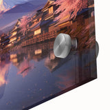 Close-up of a vibrant acrylic glass wall art piece showcasing a picturesque village landscape, featuring lush greenery and colorful houses, perfect for home decor enhancement.