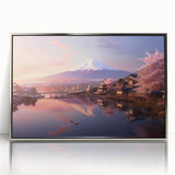 Framed wall art featuring a vibrant landscape design of a picturesque village, highlighted with silver accents and a sleek acrylic front, ideal for modern home decor.