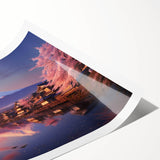 Rolled print of a vibrant landscape village scene featuring lush greenery and colorful homes, showcasing intricate details and textures, perfect for home decor.