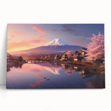 Stretched canvas artwork showcasing a vibrant landscape village scene, featuring lush greenery and quaint houses with a soft color palette, perfect for home decor.