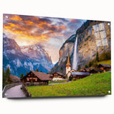Acrylic glass wall art collection showcasing a vibrant landscape and village design, viewed from the side with decorative pins, perfect for modern home decor.