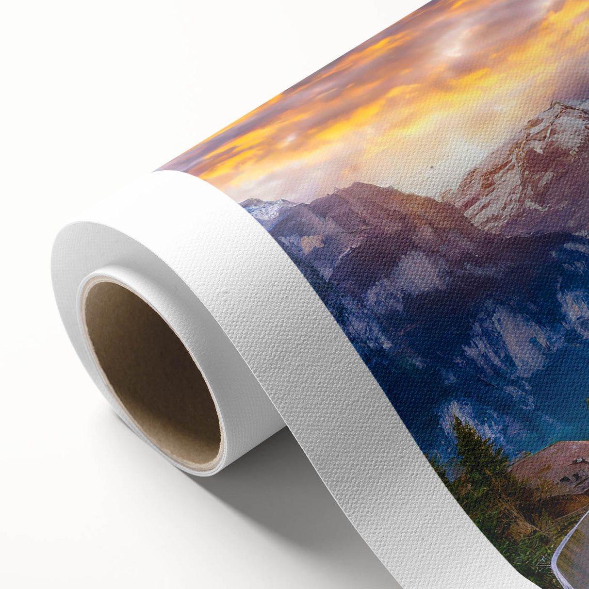 Rolled canvas showcasing a scenic village landscape design, featuring vibrant colors and intricate details, ideal for home decor or art collections.